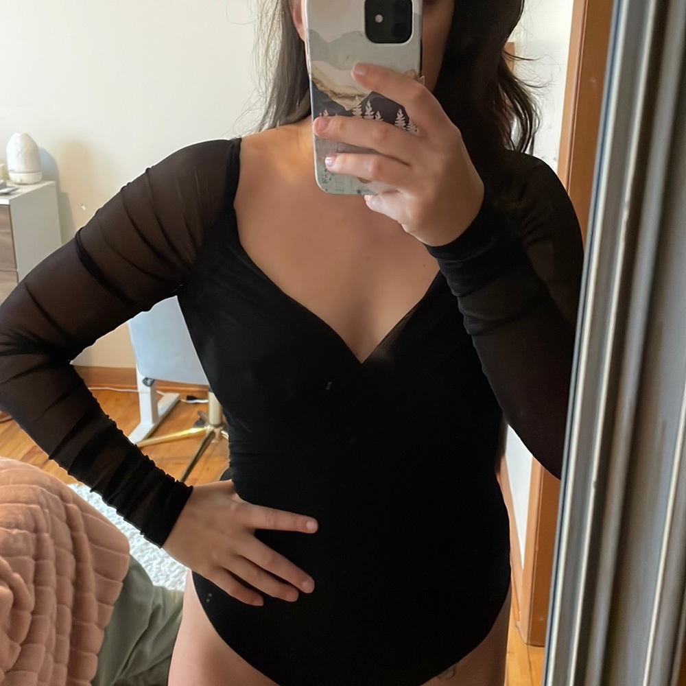 Black Ruched Mesh Long Sleeve Bodysuit